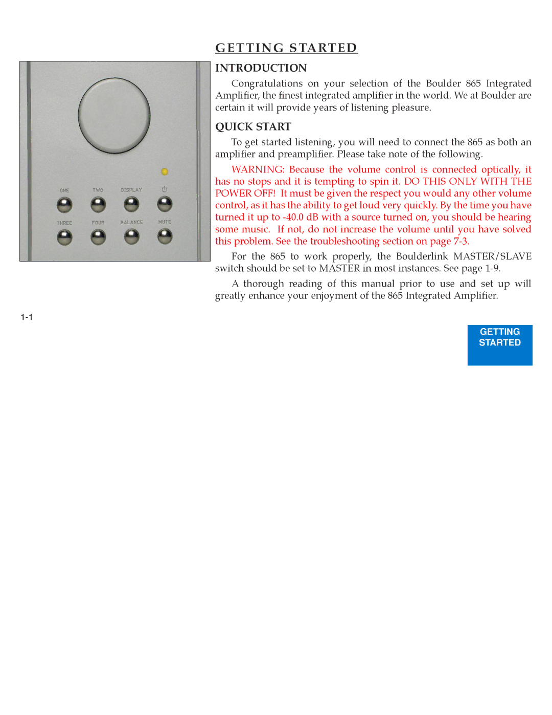 Boulder Amplifiers 865 manual Getting Started, Introduction, Quick Start 