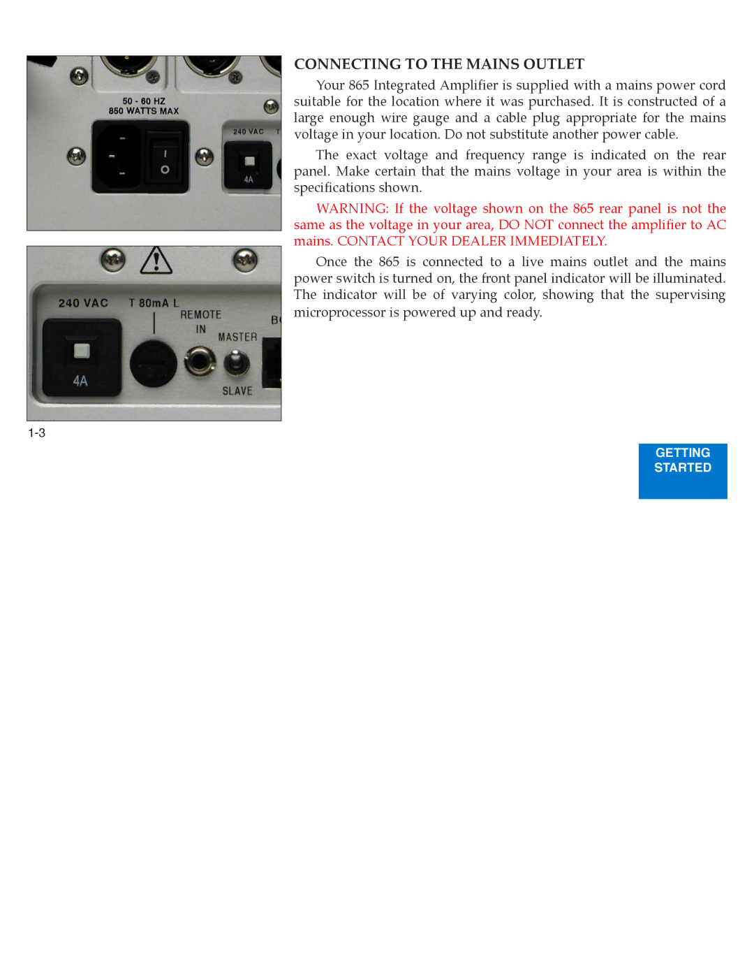 Boulder Amplifiers 865 manual Connecting to the Mains Outlet 