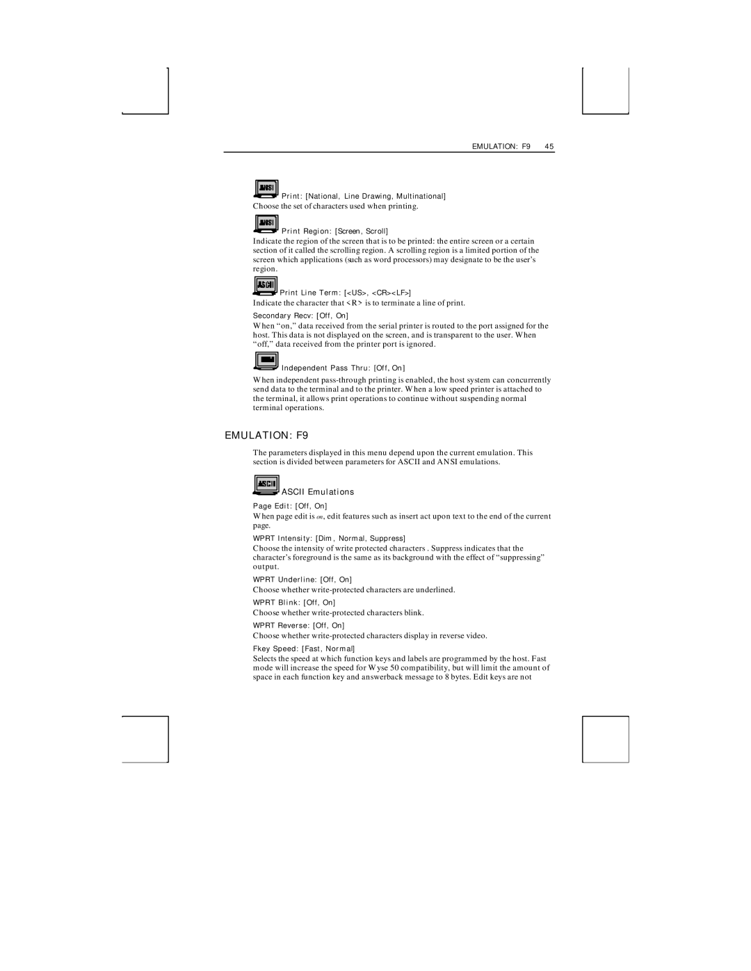 Boundless Technologies ADDS 3153 ASCII manual Emulation F9, Ascii Emulations 