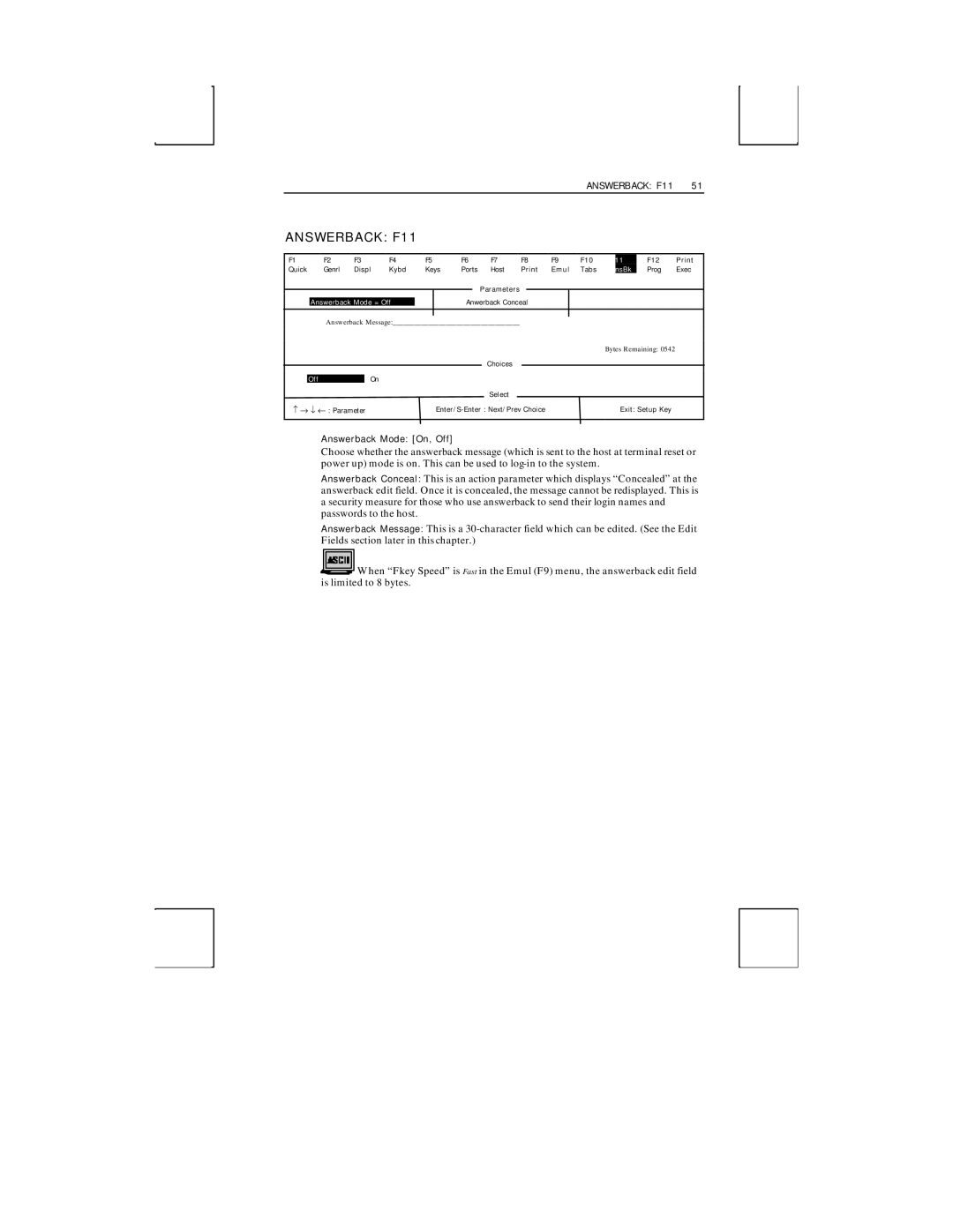 Boundless Technologies ADDS 3153 ASCII manual Answerback F11 