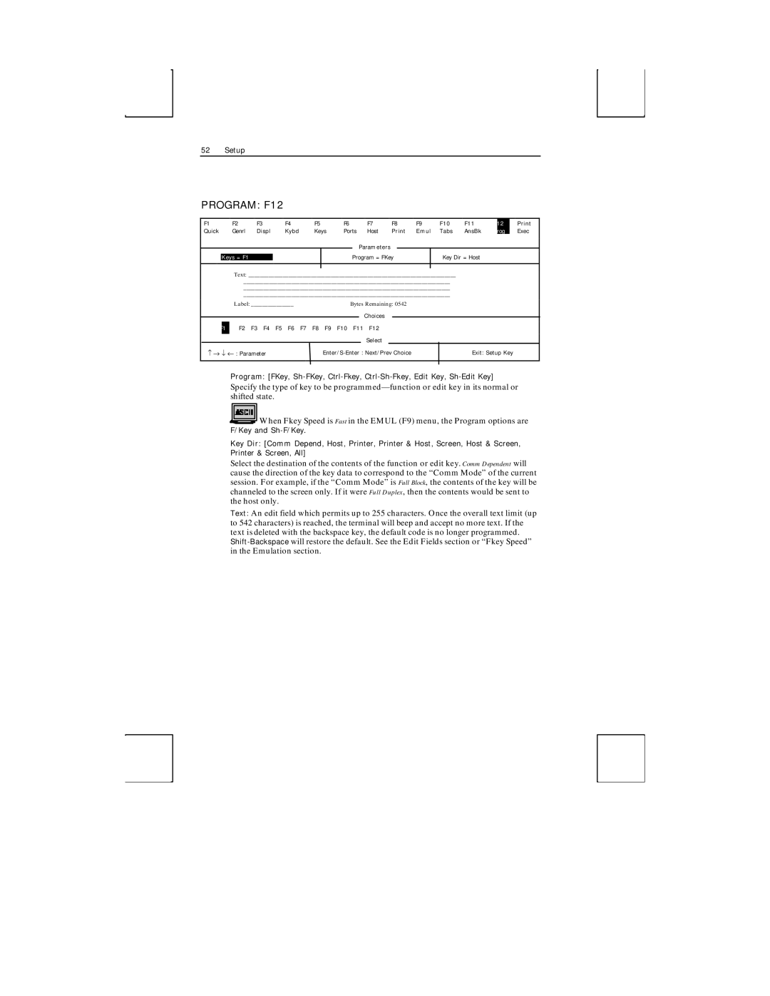 Boundless Technologies ADDS 3153 ASCII manual Program F12, Keys = F1 