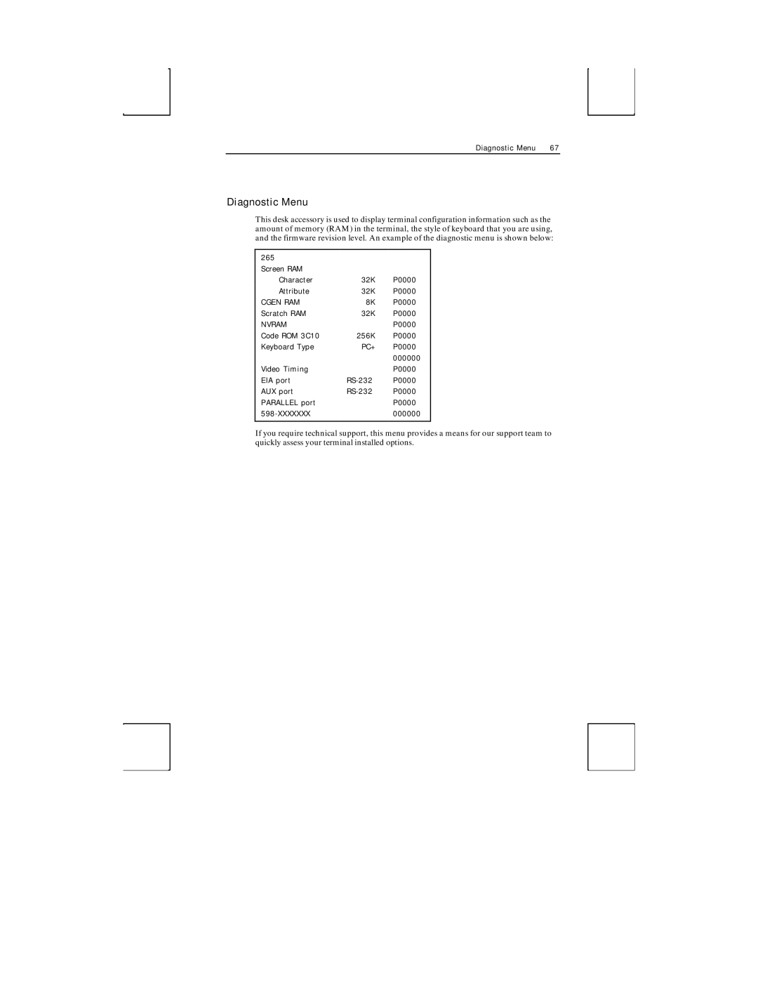 Boundless Technologies ADDS 3153 ASCII manual Diagnostic Menu 