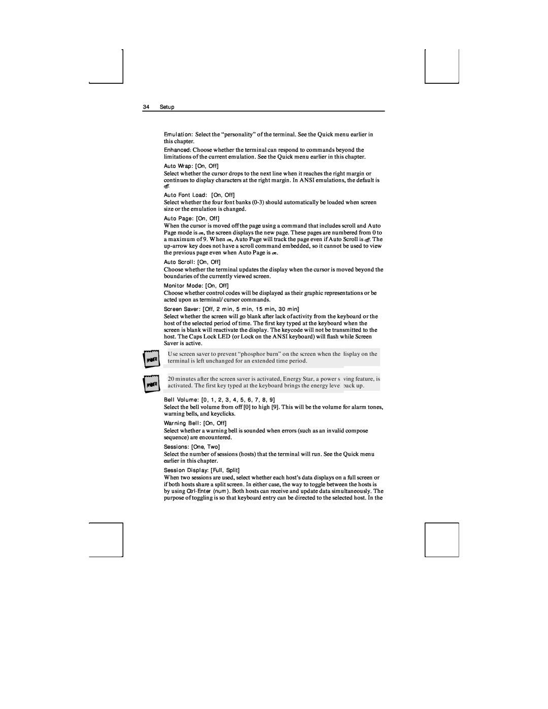 Boundless Technologies ADDS 3153 ASCII manual Setup, Auto Wrap On, Off, Auto Font Load On, Off, Auto Page On, Off 