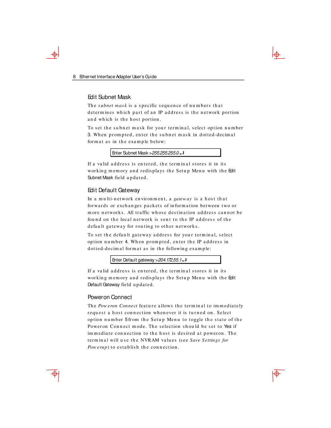 Boundless Technologies Ethernet Interface Adapter manual Edit Subnet Mask, Edit Default Gateway, Poweron Connect 