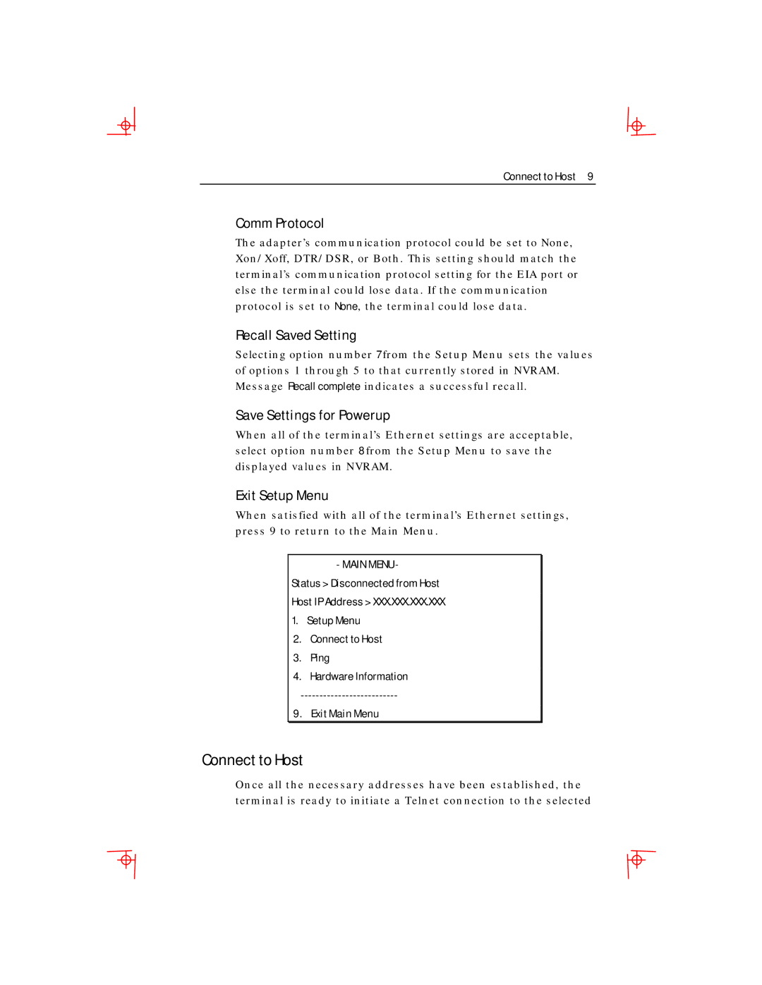 Boundless Technologies Ethernet Interface Adapter Connect to Host, Comm Protocol, Recall Saved Setting, Exit Setup Menu 