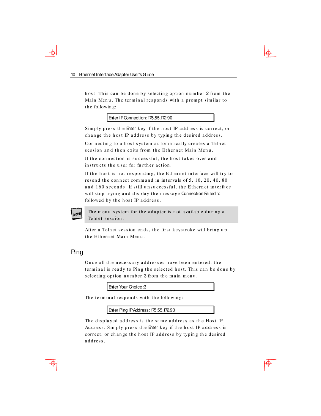 Boundless Technologies Ethernet Interface Adapter manual Enter IP Connection, Enter Your Choice, Enter Ping IP Address 