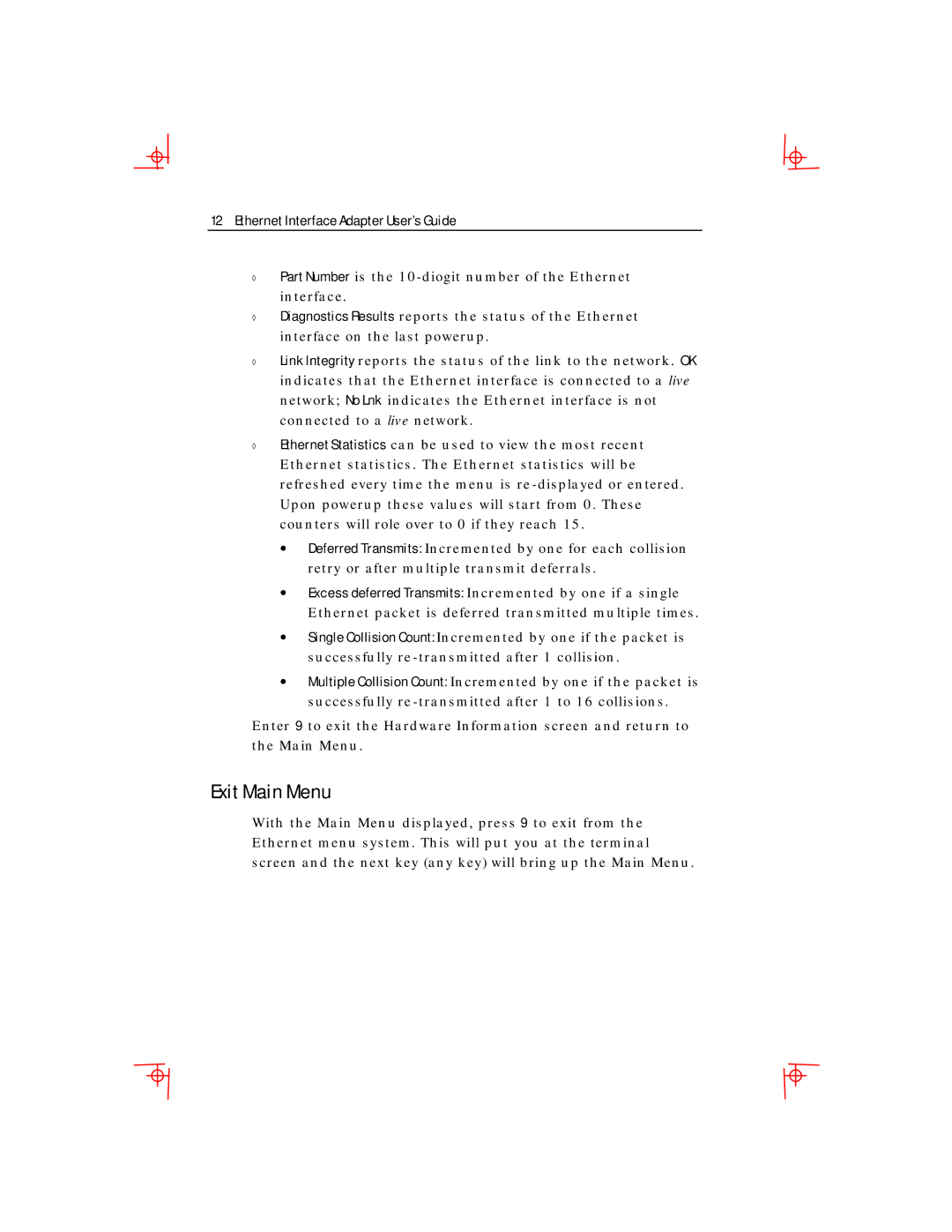 Boundless Technologies Ethernet Interface Adapter manual Exit Main Menu 