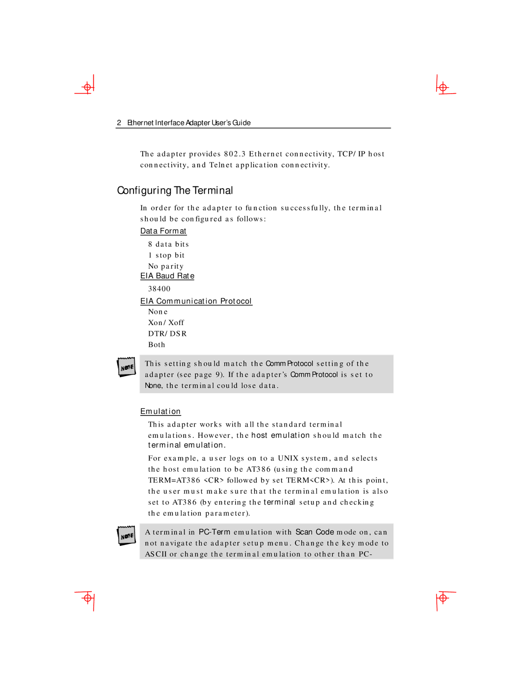 Boundless Technologies manual Configuring The Terminal, Ethernet Interface Adapter User’s Guide 