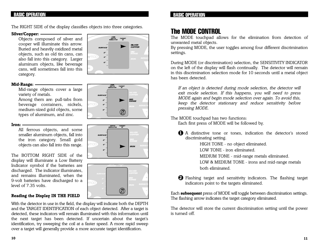 Bounty Hunter 1100 owner manual Silver/Copper, Mid-Range, Iron, Reading the Display in the Field 