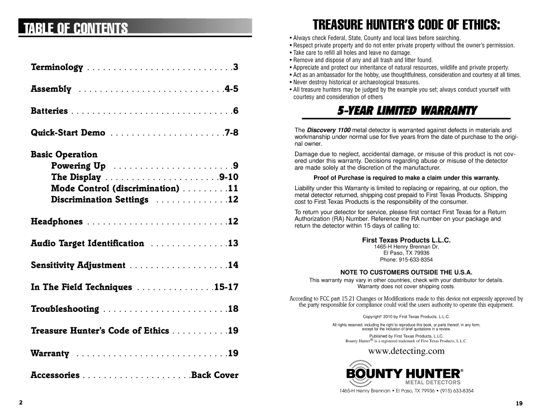 Bounty Hunter 1100 owner manual Year Limited Warranty, Table of Contents 