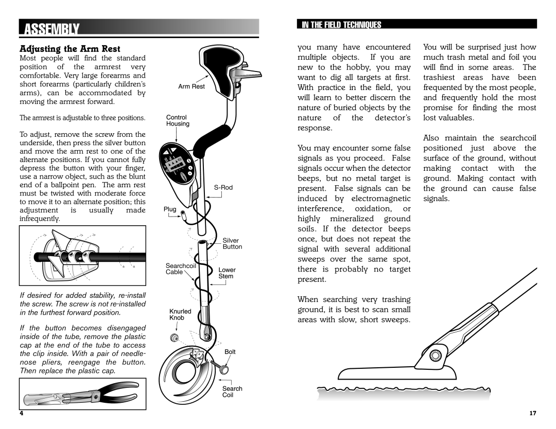 Bounty Hunter 1100 owner manual Assembly, Adjusting the Arm Rest, Field Techniques 