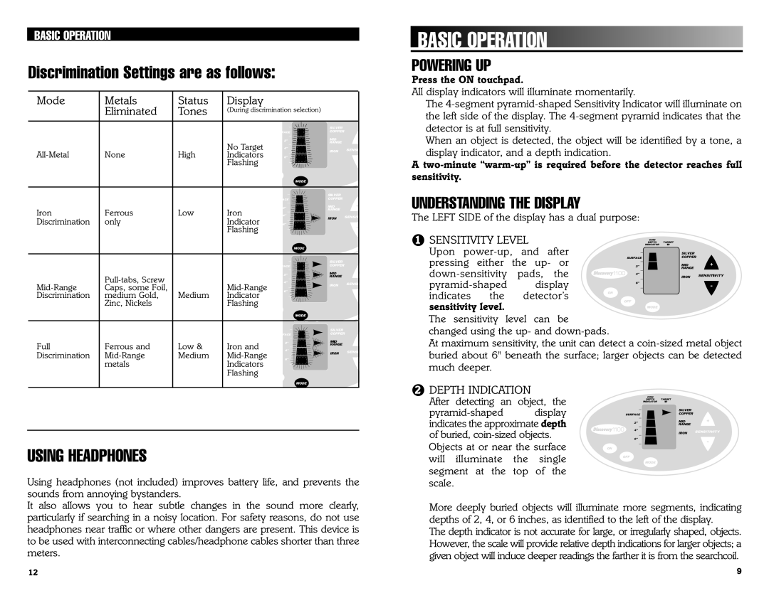 Bounty Hunter 1100 owner manual Using Headphones, Basic Operation, Press the on touchpad, Sensitivity level 