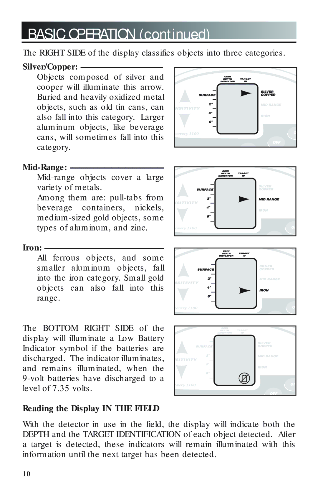 Bounty Hunter 1100 owner manual Silver/Copper, Mid-Range, Iron, Reading the Display in the Field 