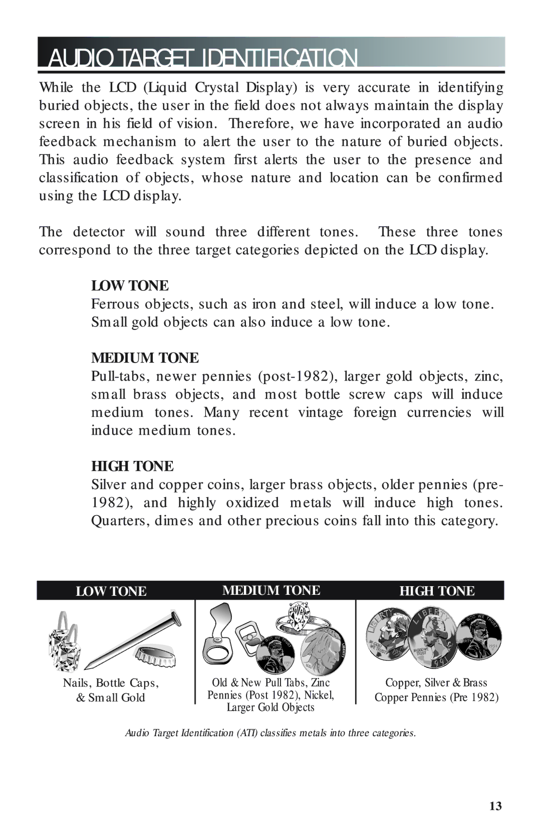 Bounty Hunter 1100 owner manual Audio Target Identification, LOW Tone 