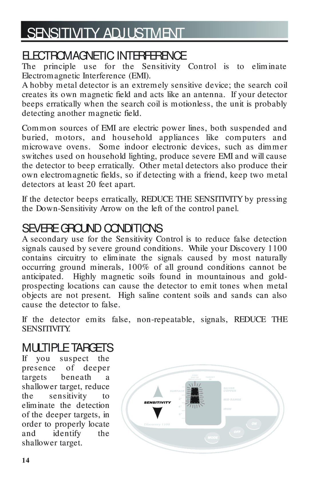 Bounty Hunter 1100 owner manual Sensitivity Adjustment, Electromagnetic Interference 