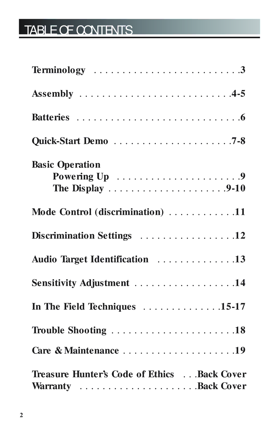 Bounty Hunter 1100 owner manual Table of Contents 