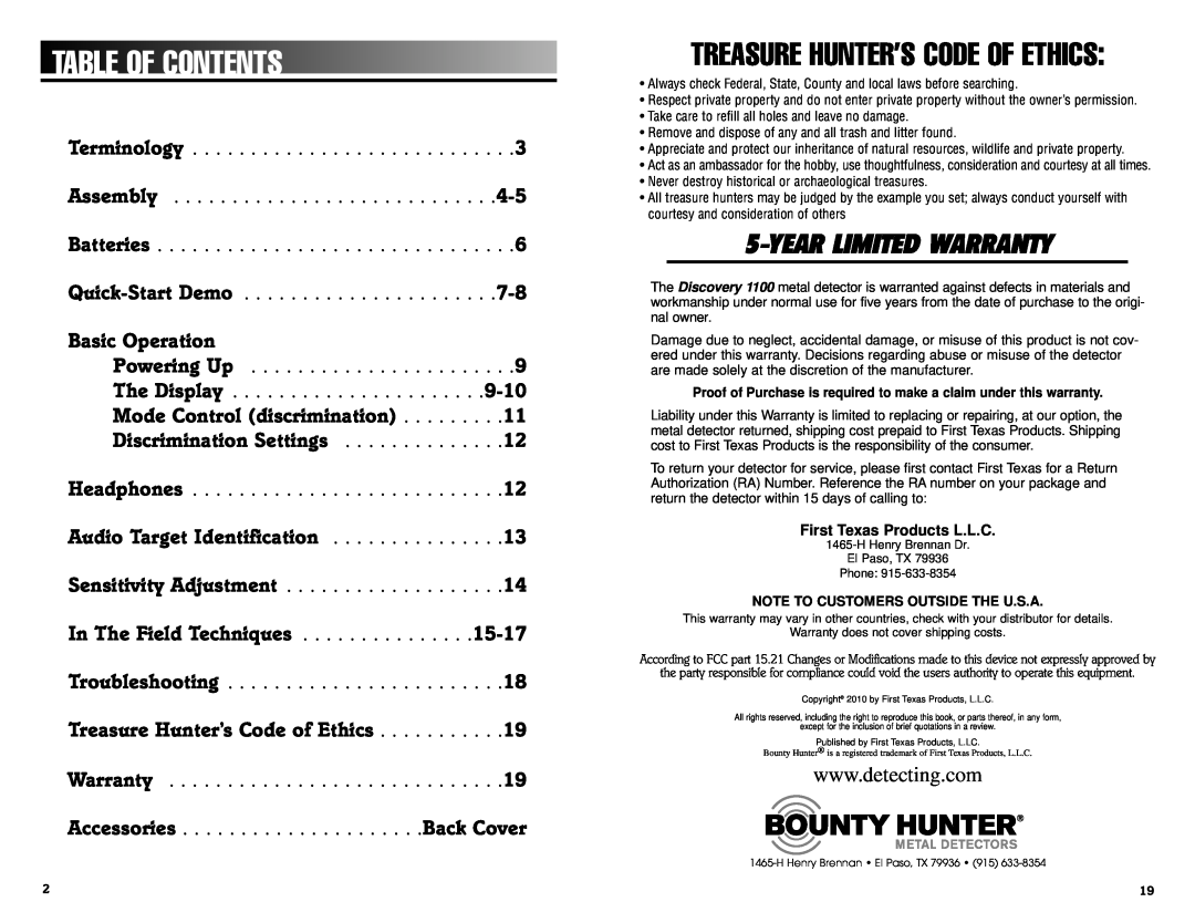 Bounty Hunter 1100 owner manual Tableofcontents, Basic Operation, Mode Control discrimination, Audio Target Identification 