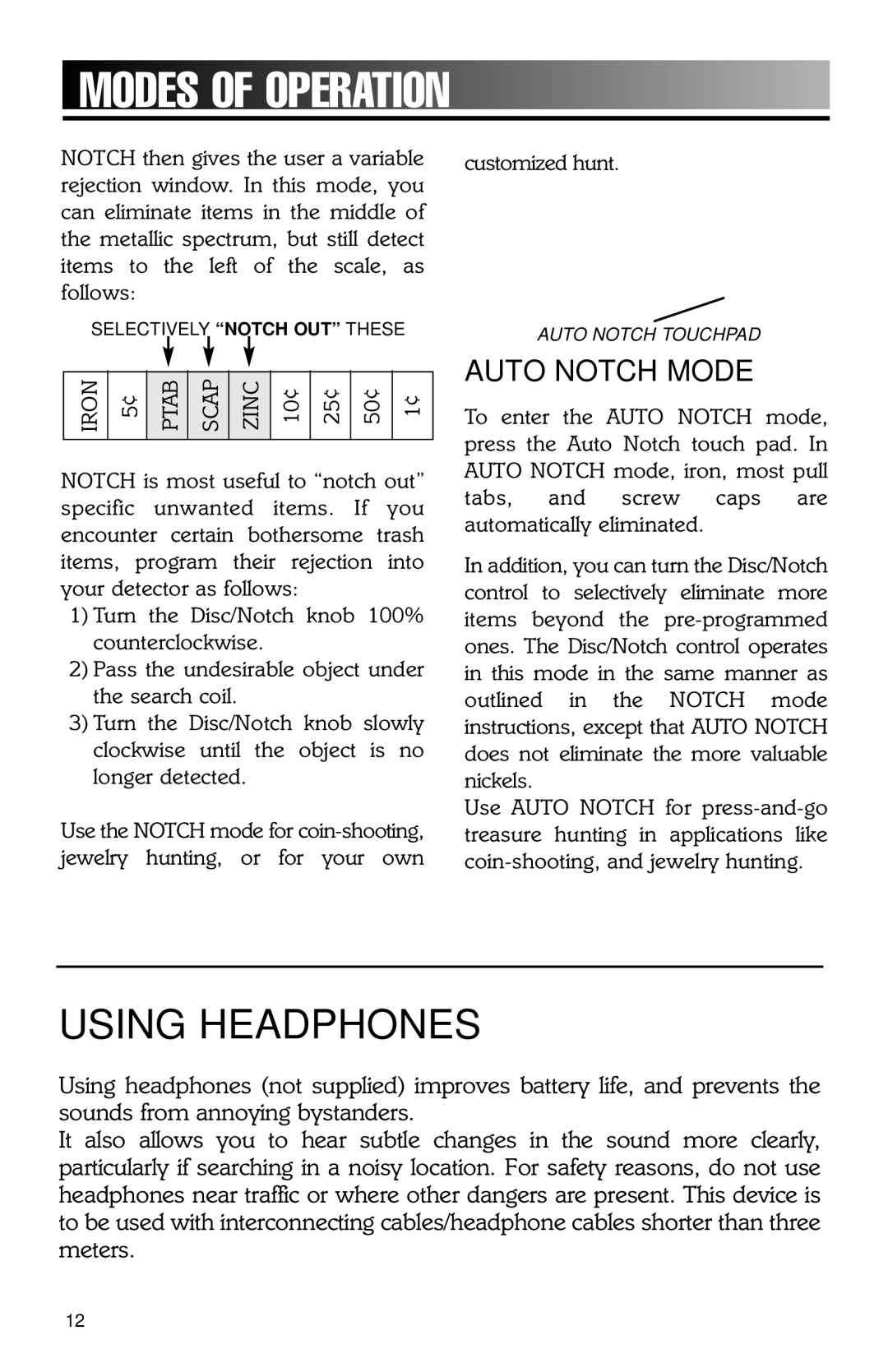 Bounty Hunter 202 owner manual Auto Notch Mode, Iron Ptab Scap Zinc 