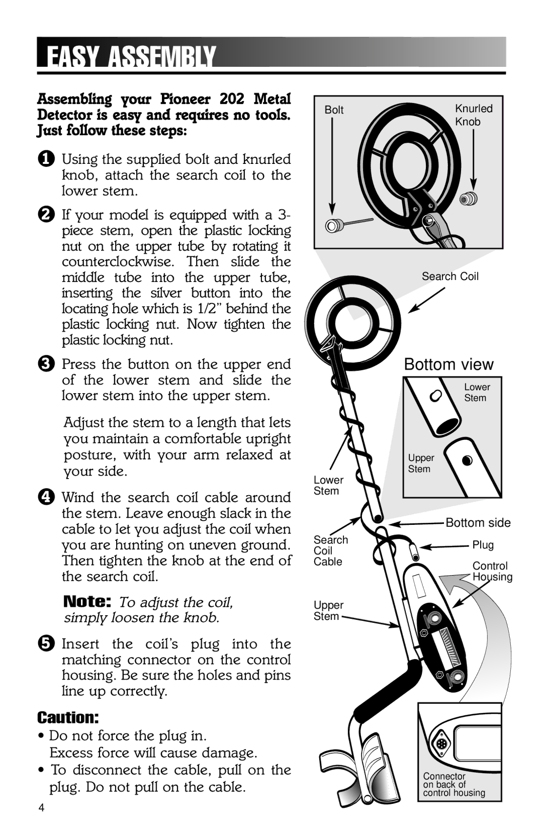 Bounty Hunter 202 owner manual Easy Assembly, Bottom view 