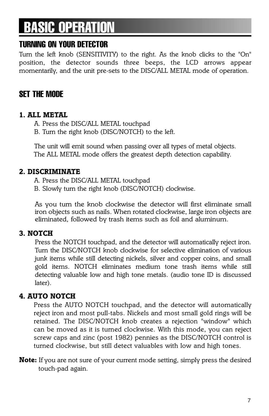 Bounty Hunter 202 owner manual Basic Operation, Turning on Your Detector, SET the Mode 