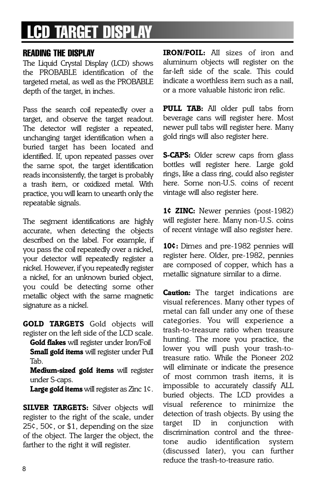 Bounty Hunter 202 owner manual LCD Target Display, Reading the Display 