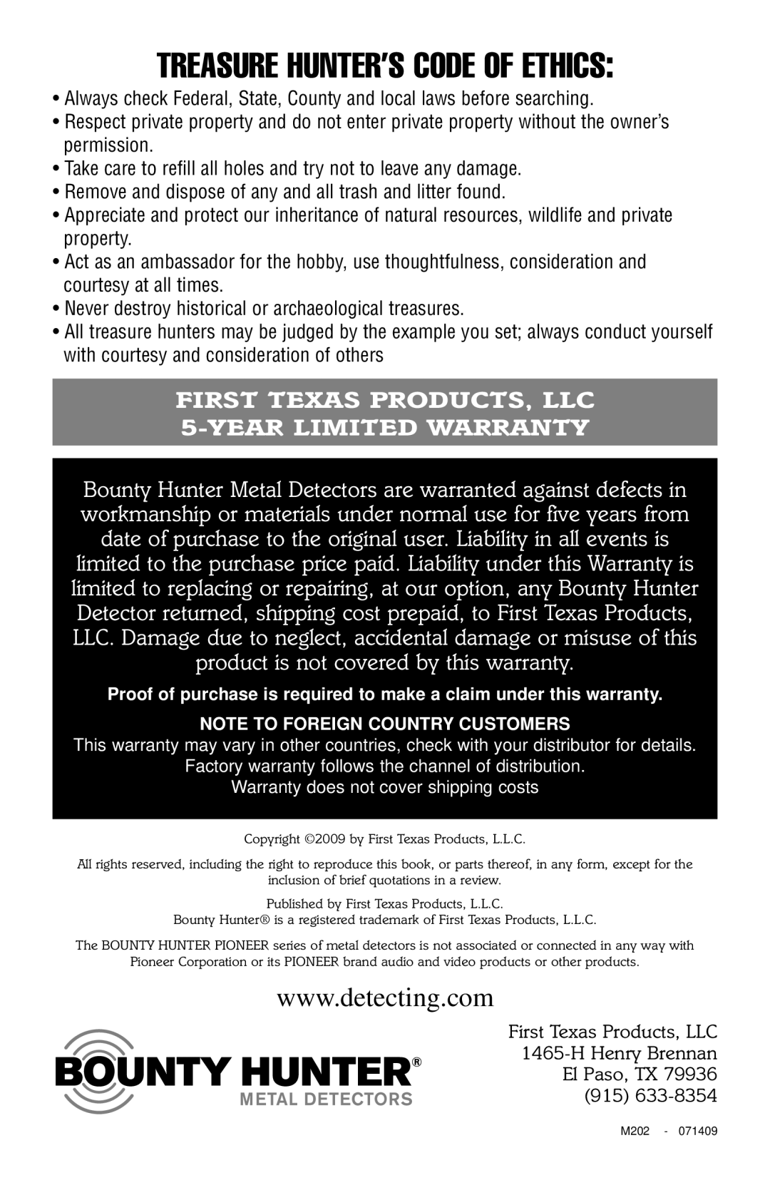 Bounty Hunter 202 owner manual Treasure Hunter’S Code Of Ethics, FIRST TEXAS PRODUCTS, LLC 5-YEAR LIMITED WARRANTY 