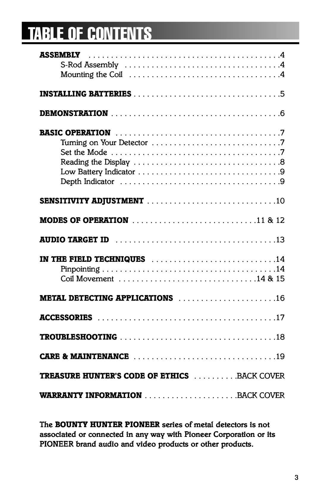 Bounty Hunter 202 owner manual Tableofcontents, Treasure Hunter’S Code Of Ethics . . . . . . . . . .Back Cover 