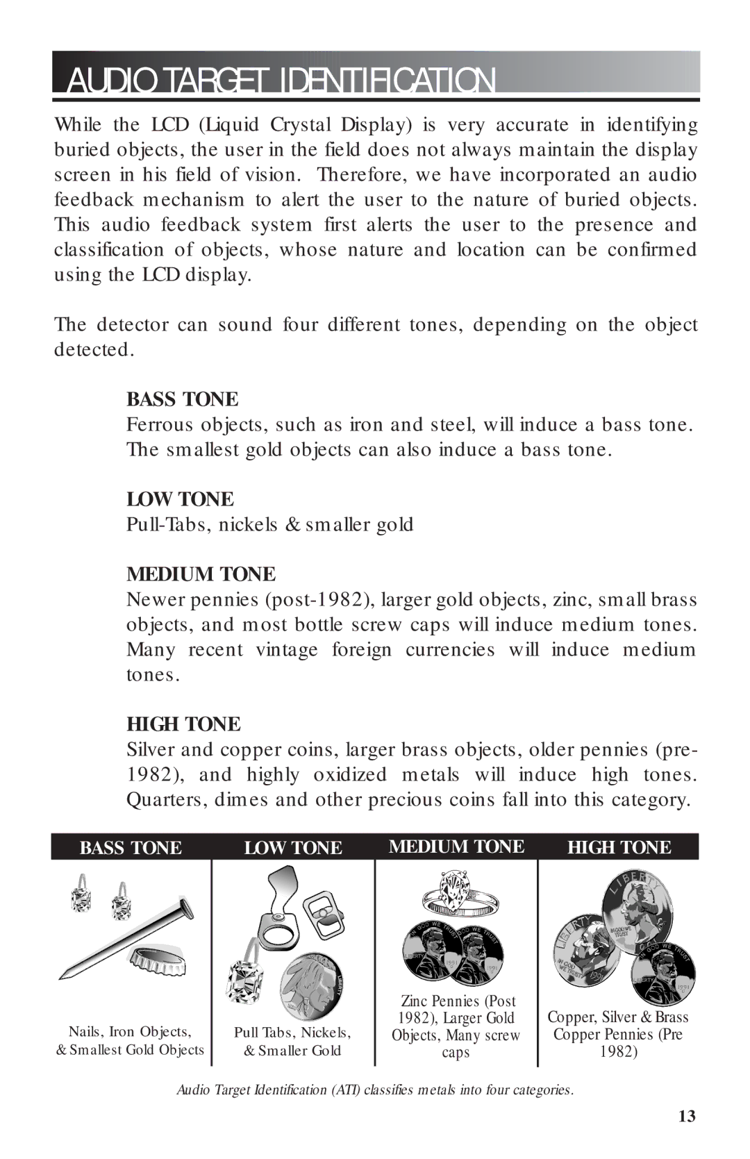 Bounty Hunter 2200 owner manual Audio Target Identification, Bass Tone 