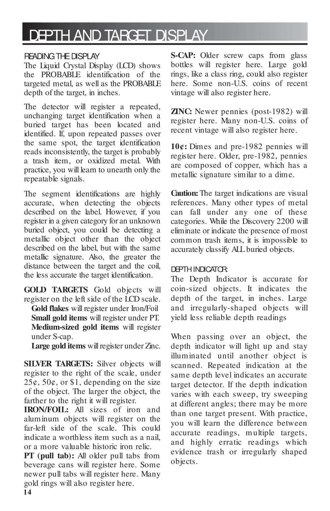 Bounty Hunter 2200 owner manual Depth and Target Display, Reading the Display 