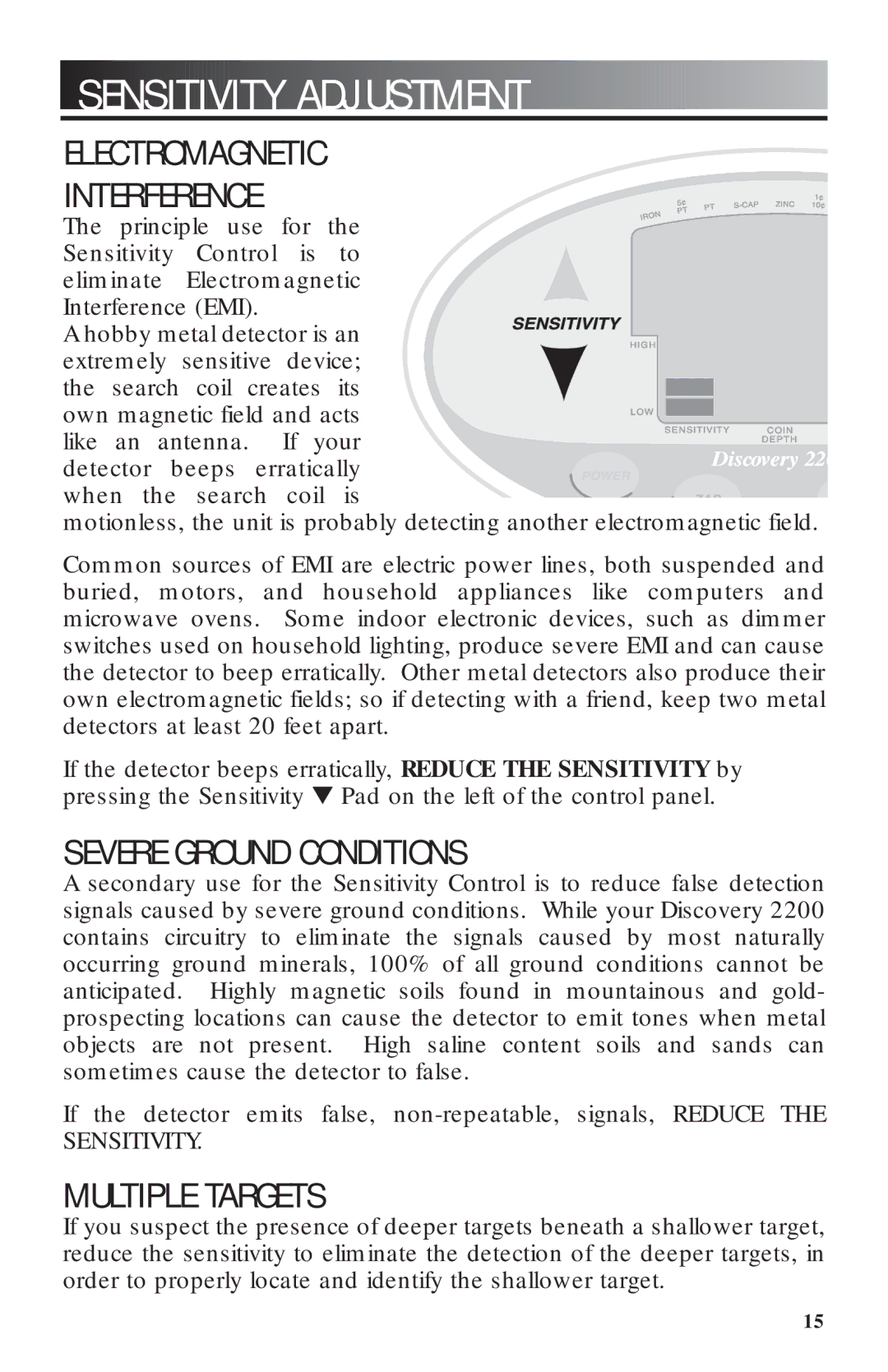 Bounty Hunter 2200 owner manual Sensitivity Adjustment, Electromagnetic Interference 