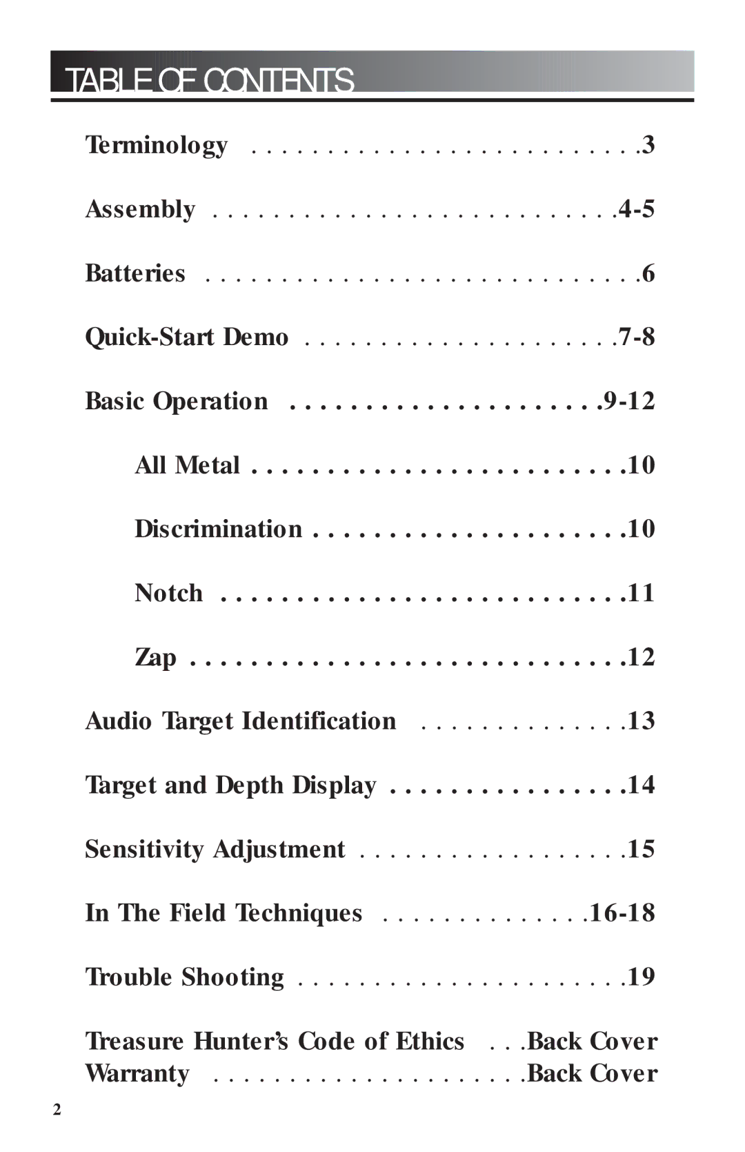 Bounty Hunter 2200 owner manual Table of Contents 