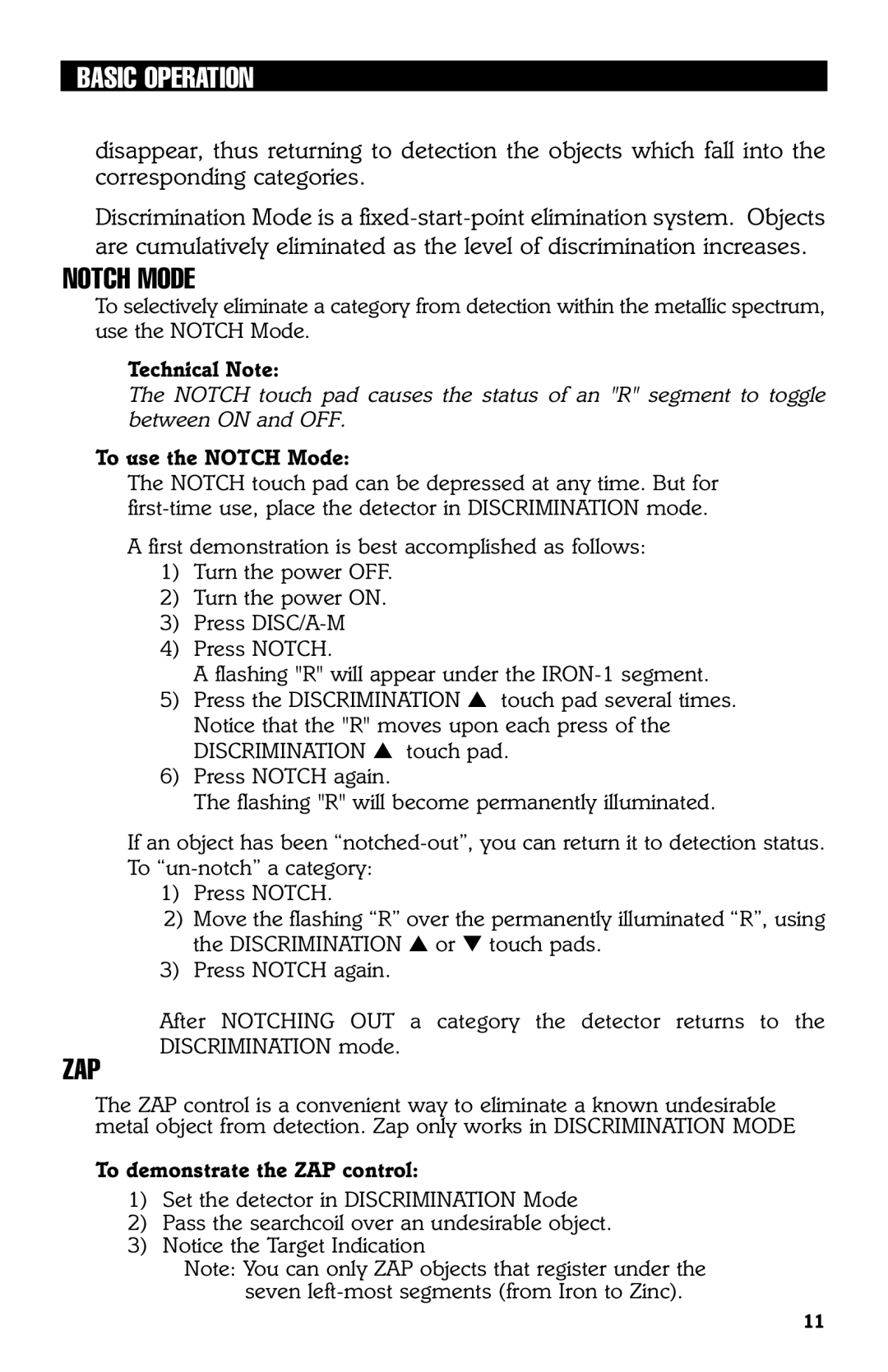 Bounty Hunter 3300 owner manual Notch Mode, Zap 