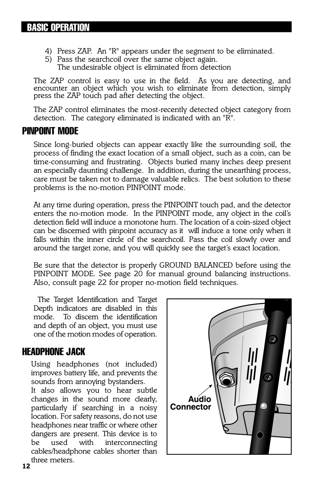 Bounty Hunter 3300 owner manual Pinpoint Mode, Headphone Jack 