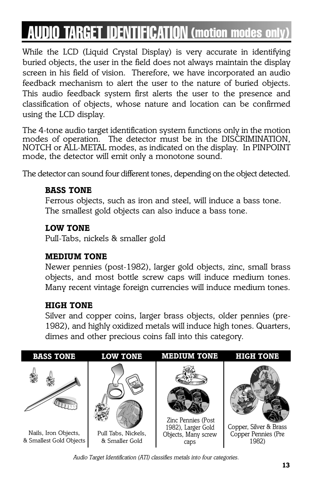 Bounty Hunter 3300 owner manual Audio Target Identification motion modes only, Bass Tone 