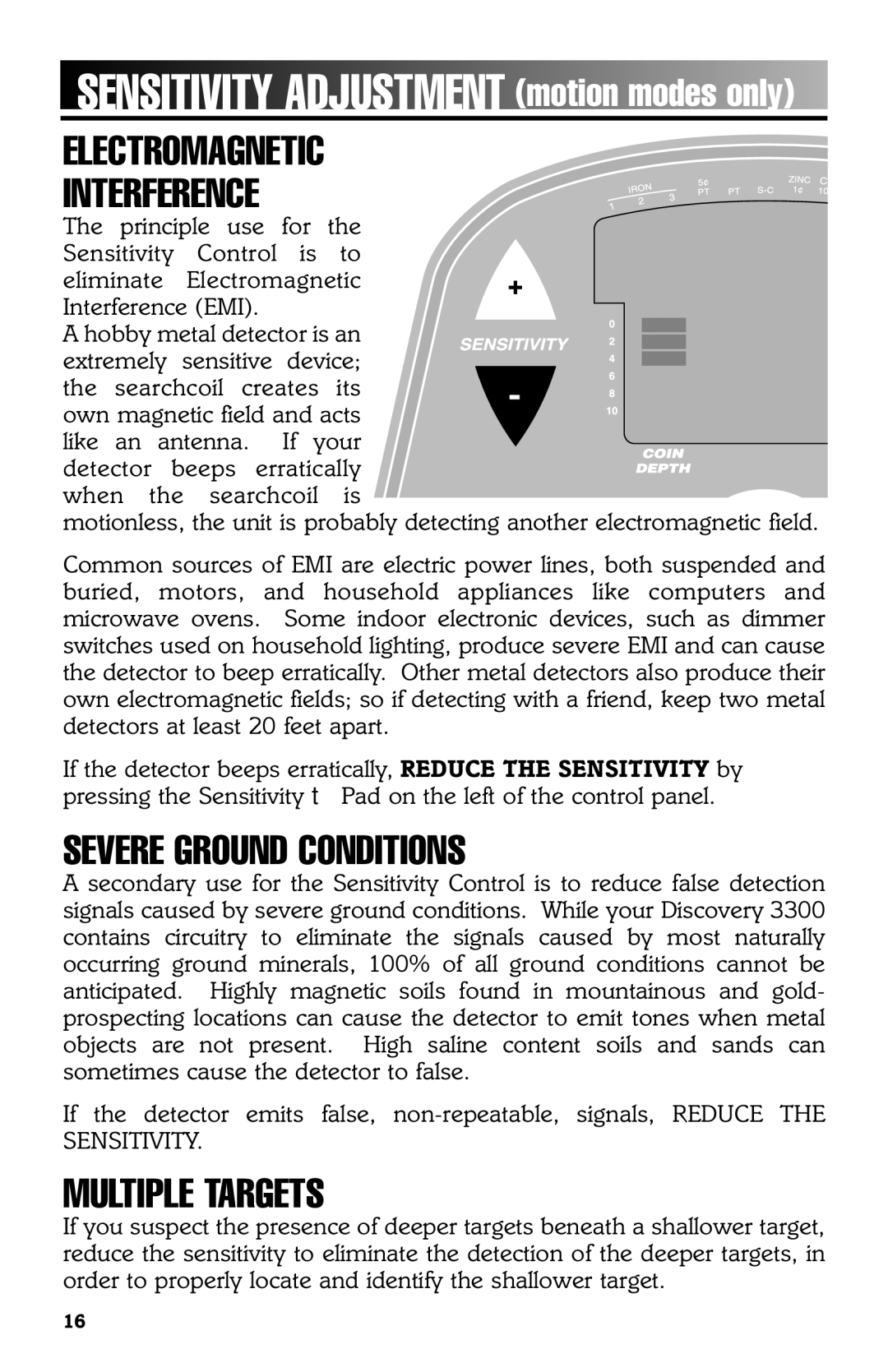 Bounty Hunter 3300 owner manual Sensitivity Adjustment motion modes only, Electromagnetic Interference 