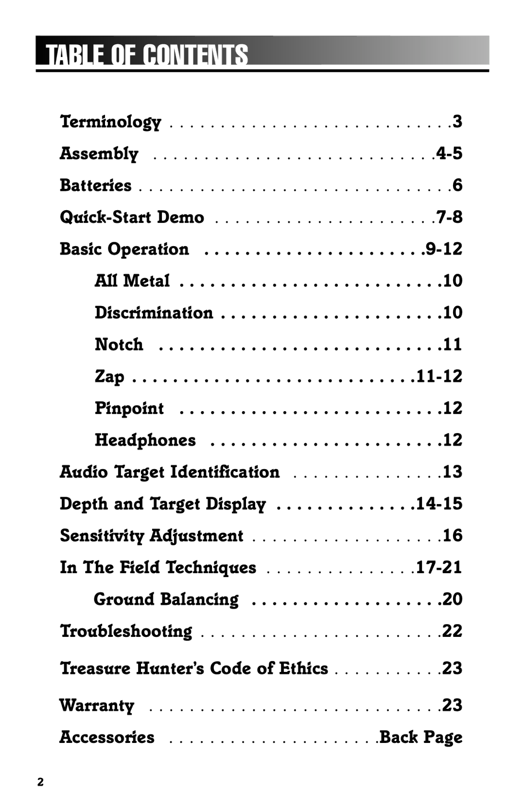 Bounty Hunter 3300 owner manual Table of Contents 