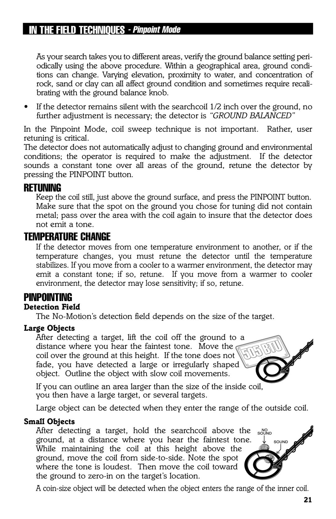 Bounty Hunter 3300 owner manual Retuning, Temperature Change, Pinpointing 