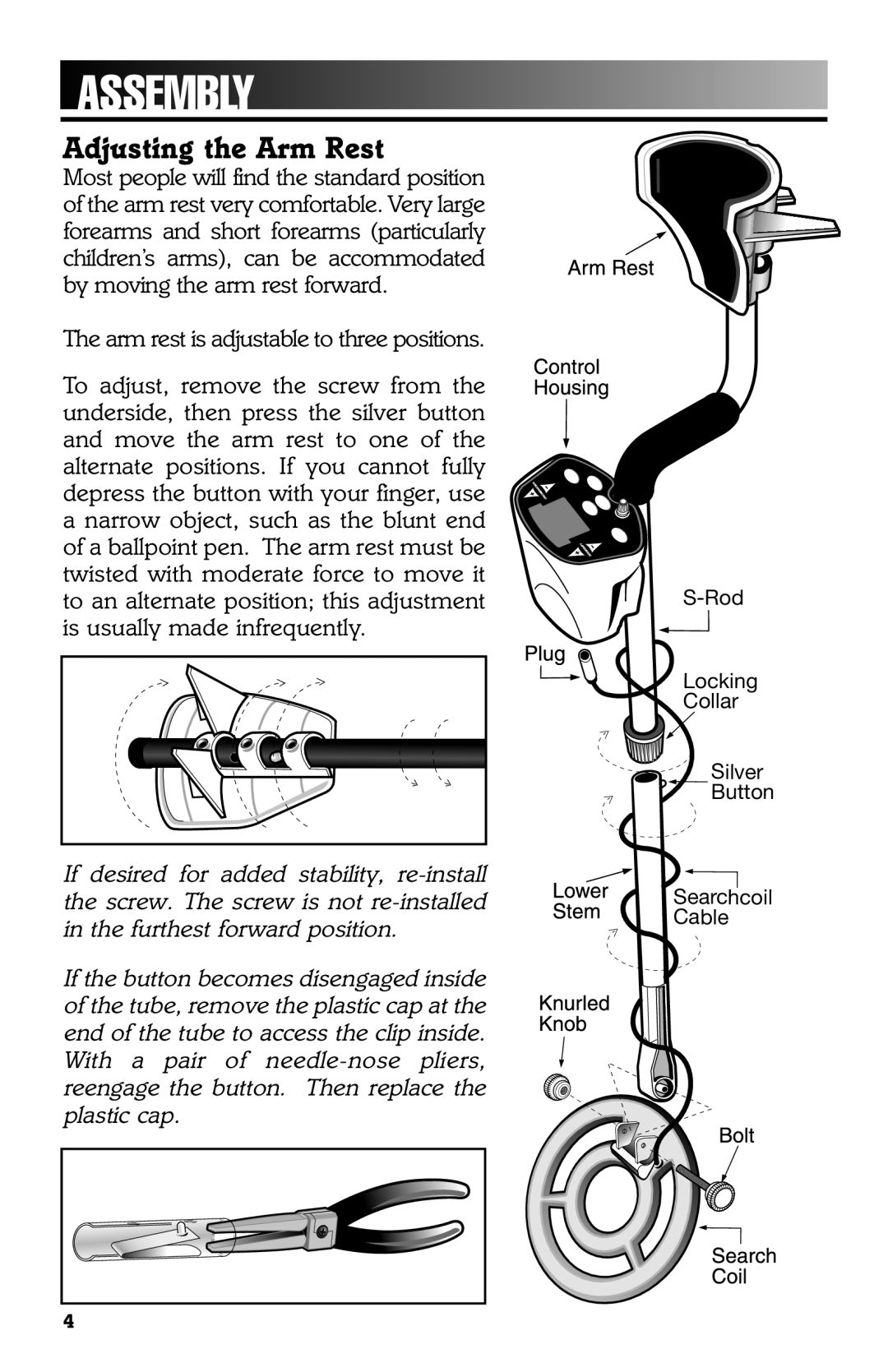 Bounty Hunter 3300 owner manual Assembly, Adjusting the Arm Rest 