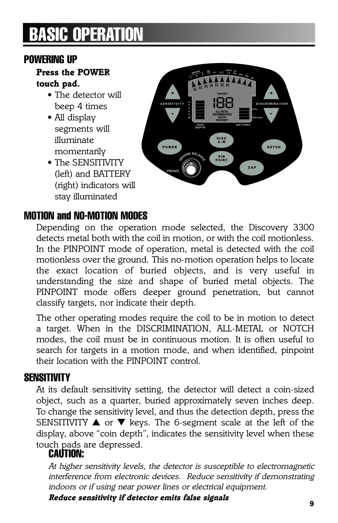 Bounty Hunter 3300 owner manual Basic Operation, Powering UP, Sensitivity 