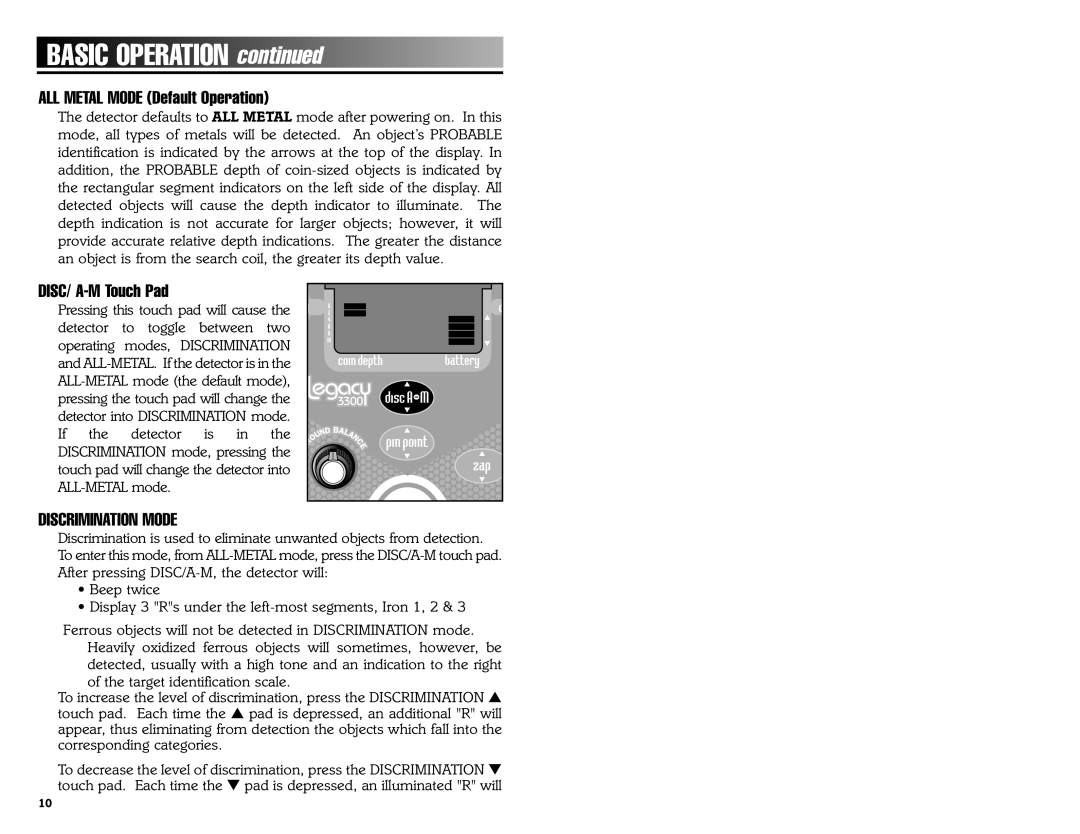 Bounty Hunter 3300 owner manual Basic Operation, Discrimination Mode 