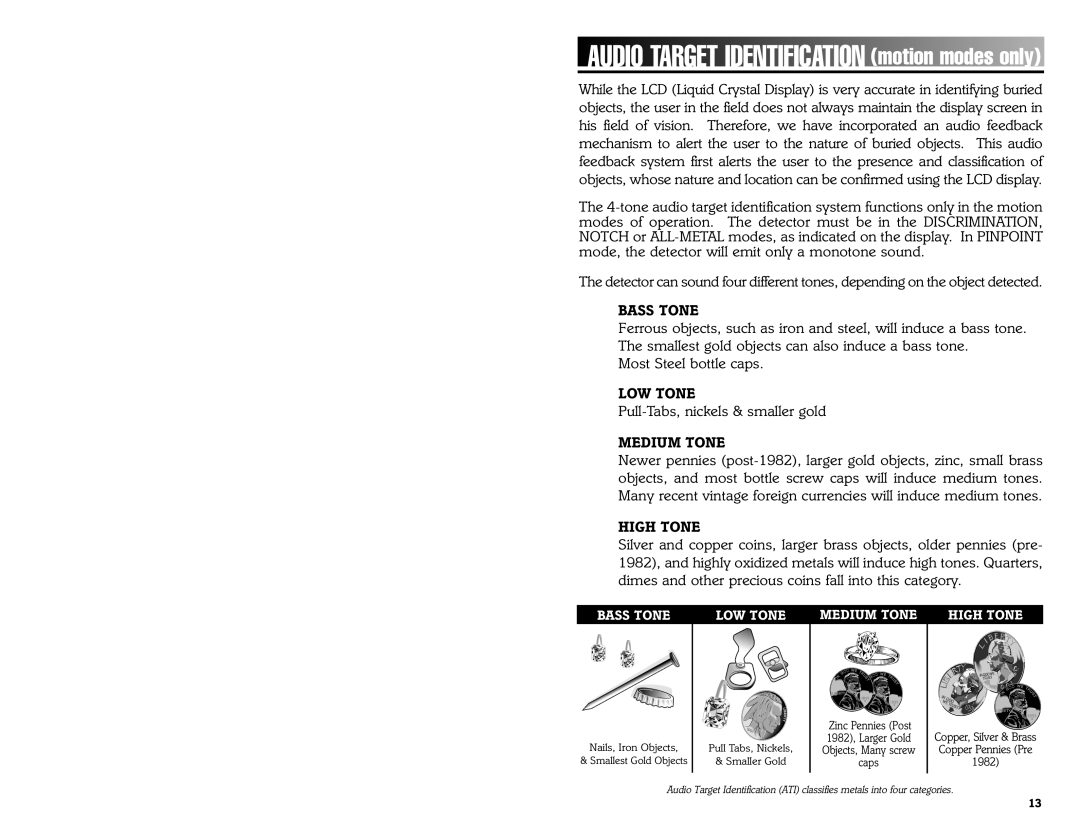 Bounty Hunter 3300 owner manual Audio Target Identification motion modes only, Bass Tone 