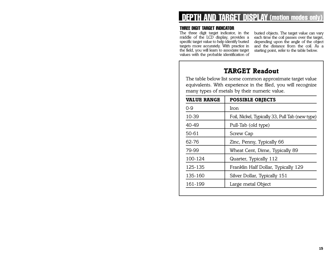 Bounty Hunter 3300 owner manual Depth and Target Display motion modes only, Three Digit Target Indicator 