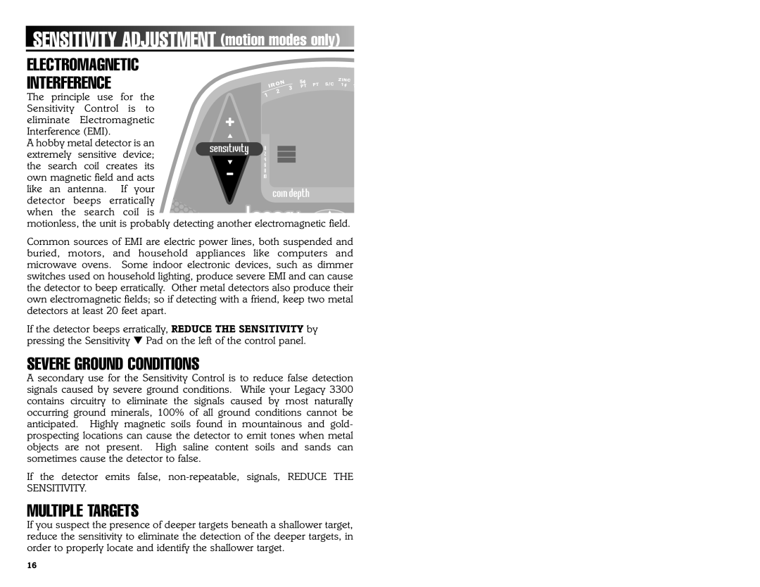 Bounty Hunter 3300 owner manual Sensitivity Adjustment motion modes only, Electromagnetic Interference 