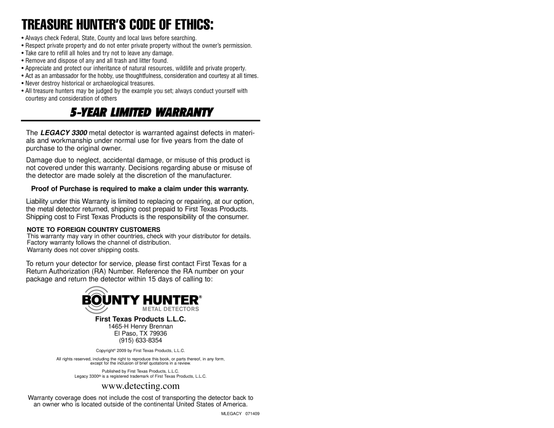 Bounty Hunter 3300 owner manual Treasure HUNTER’S Code of Ethics 