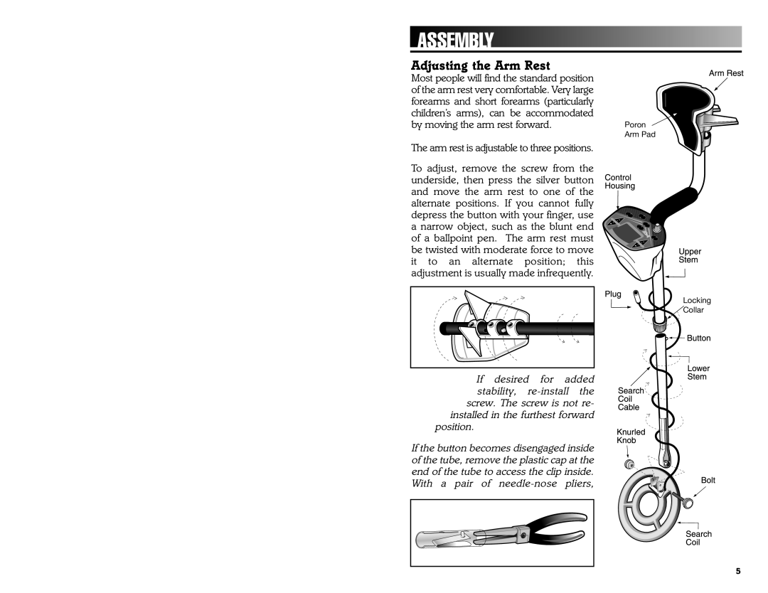 Bounty Hunter 3300 owner manual Assembly, Adjusting the Arm Rest 