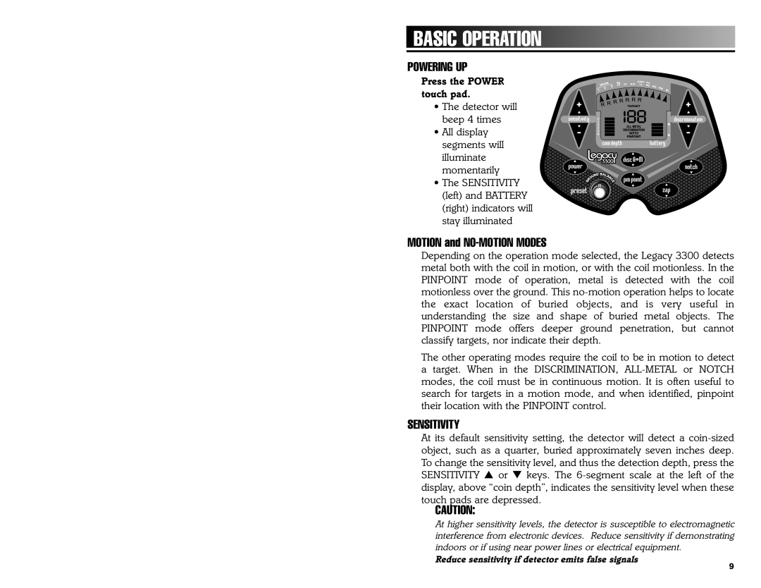 Bounty Hunter 3300 owner manual Powering UP, Sensitivity 