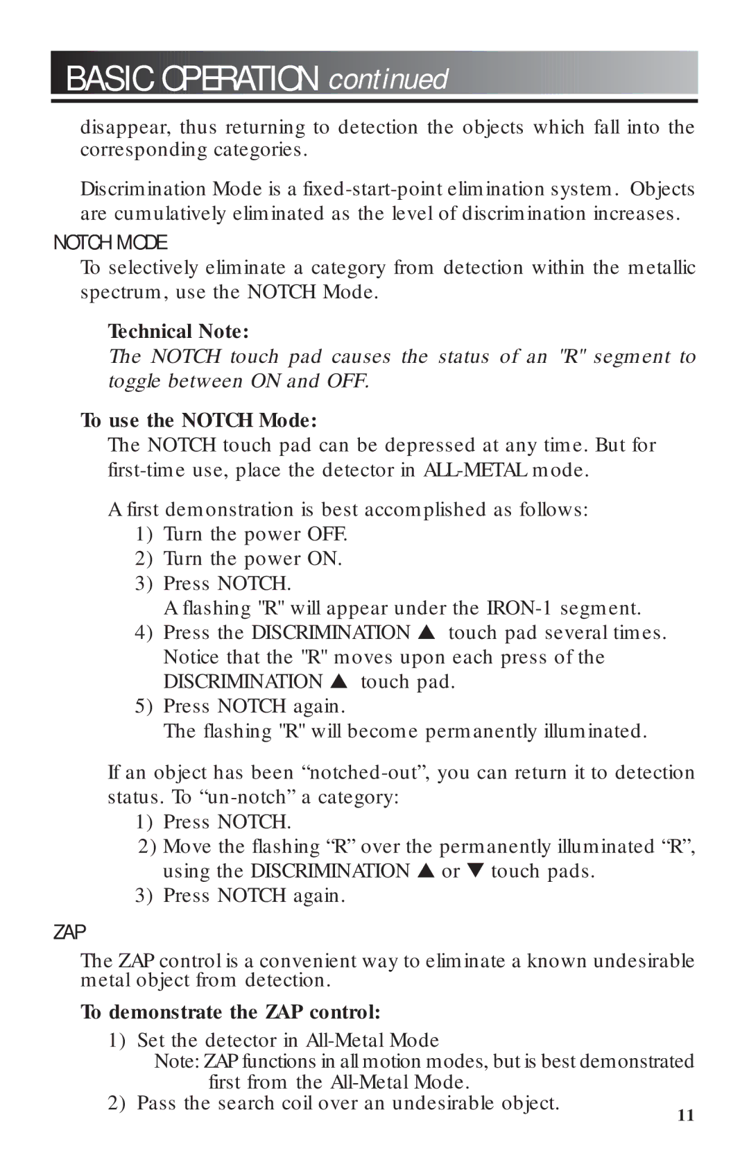 Bounty Hunter 3300 owner manual Zap, Technical Note, To use the Notch Mode, To demonstrate the ZAP control 