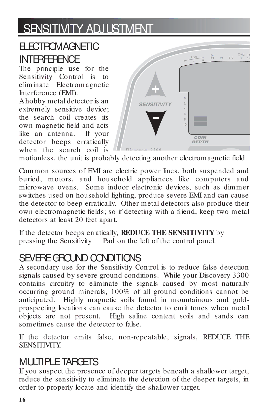 Bounty Hunter 3300 owner manual Sensitivity Adjustment, Electromagnetic Interference 