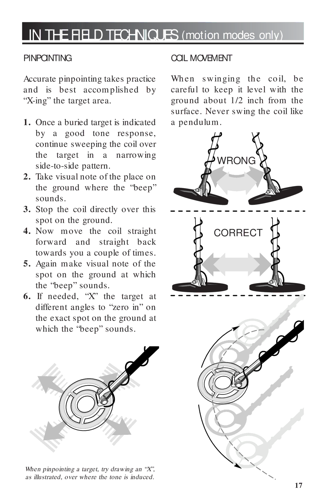 Bounty Hunter 3300 owner manual Field Techniques motion modes only, Pinpointing, Coil Movement 