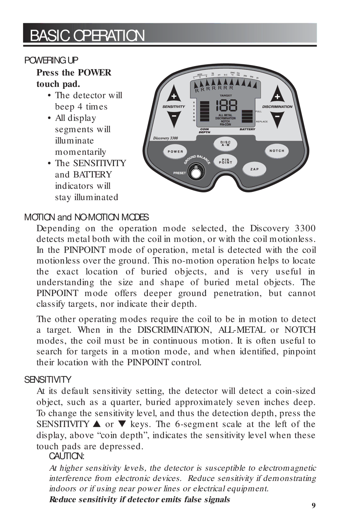 Bounty Hunter 3300 owner manual Basic Operation, Powering UP, Sensitivity 